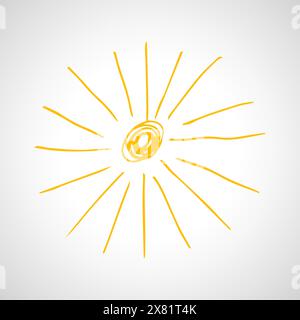 Sole disegnato a mano. Semplice schizzo del sole. Simbolo solare. Doodle giallo isolato su sfondo bianco. Illustrazione vettoriale. Illustrazione Vettoriale