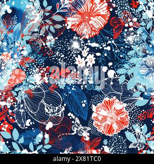 Fiori blu e rossi con fondo floreale senza cuciture. disegno a mano. Non ai, illustrazione vettoriale Illustrazione Vettoriale