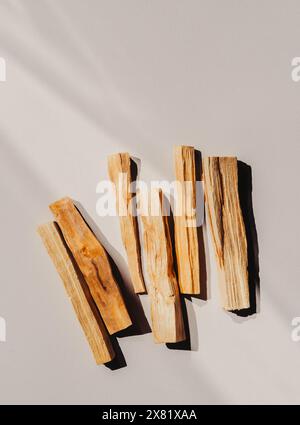 Bastoncini di legno Palo Santo su sfondo chiaro. Aromaterapia, riti religiosi e meditazioni. Palo santo bastone per la cerimonia di purificazione. Vista dall'alto. Foto Stock