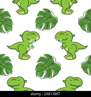 Il simpatico Tyrannosaurus rex in stile kawaii asiatico e la Monstera lascia un motivo senza cuciture. Dinosauro T-Rex, lucertola preistorica. Vettoriale divertente personaggio dei cartoni animati Illustrazione Vettoriale