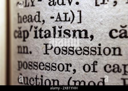 Capitalismo di parole sulla pagina del dizionario, primo piano macro Foto Stock