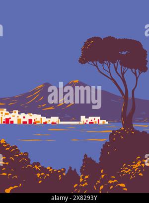 WPA poster art di Pine of Naples con vista sulla città e sul Golfo o baia di Napoli con il Vesuvio sullo sfondo al tramonto in Italia fatto in Illustrazione Vettoriale