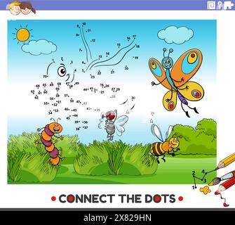 Illustrazione dei cartoni animati di educativi collega l'attività dei puntini con i personaggi degli animali degli insetti Illustrazione Vettoriale