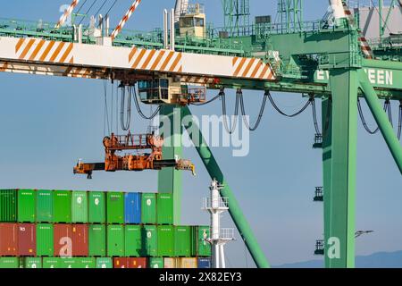 Los Angeles, California, USA - 12 gennaio 2024: Gru container che scarica una nave container nel porto di Los Angeles. Foto Stock