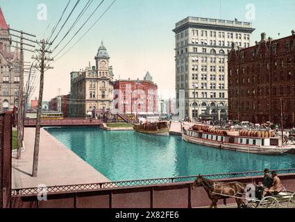 Canale Erie a Salina Street, Syracuse, New York, circa 1900 Foto Stock