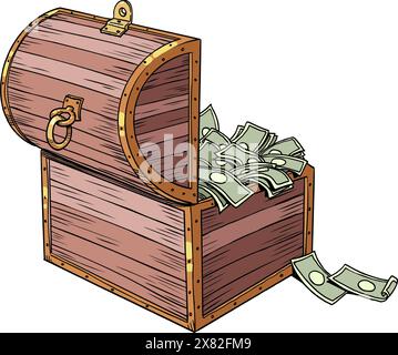 Cassa di lusso in legno con soldi. Risparmi finanziari che si accumulano. Ricchezza sotto chiave. Pop Art retro Vector Illustration Kitsch Vintage anni '50 anni '60 Illustrazione Vettoriale
