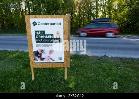 Manifesti elettorali (in svedese: Valaffischer) sulle elezioni del Parlamento europeo del 2024. Qui a Motala, in Svezia, mercoledì sera. Foto Stock