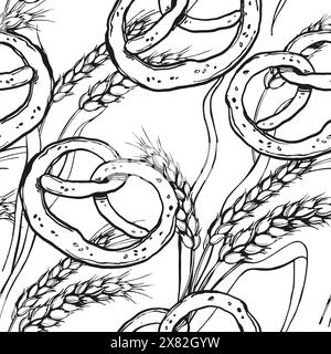 modello vettoriale senza cuciture di orecchie di grano, pretzel di panetteria o brezel, schizzo disegnato a mano di pane croccante con rami di semi di sesamo del grano, agricoltura Illustrazione Vettoriale