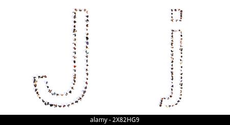 Concetto o concettuale grande comunità di persone che formano il carattere J. metafora dell'illustrazione 3d per unità e diversità, umanitario o lavoro di squadra Foto Stock