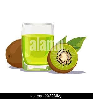 Bicchiere pieno di succo di kiwi fresco e salutare, isolato su sfondo bianco. Illustrazione vettoriale in stile piatto con bevanda tropicale. Riepilogo Illustrazione Vettoriale