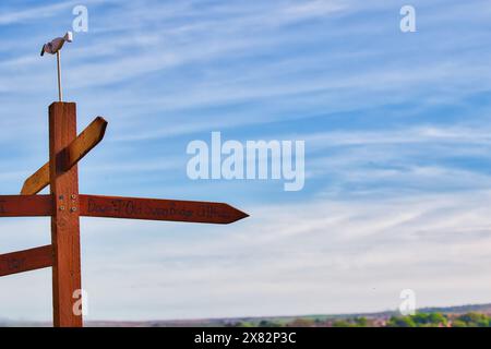 Un cartello in legno con frecce direzionali multiple sotto un cielo blu. Le frecce contengono testo, ma non sono completamente leggibili. Viene visualizzato lo sfondo Foto Stock