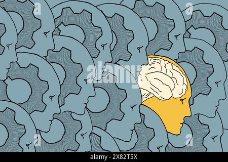 Una testa gialla unica con un cervello dettagliato si distingue tra più teste umane blu con ingranaggi, che rappresentano l'individualità e il pensiero in mezzo all'uniforme Foto Stock