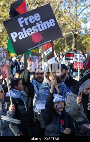 Londra, Regno Unito - 11 novembre 2023: Giovane manifestante con un cartello della Palestina libera al raduno di protesta pro-palestinese nel centro di Londra, Regno Unito. Foto Stock