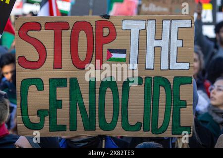 Londra, Regno Unito - 11 novembre 2023: Fermare il cartello del genocidio tenuto da un manifestante alla manifestazione di protesta pro-palestinese nel centro di Londra, Regno Unito. Foto Stock