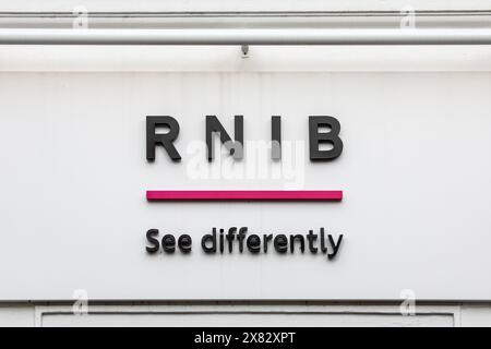 Londra, Regno Unito - 5 febbraio 2024: Logo RNIB - Royal National Institute of Blind People, all'esterno della loro sede centrale a Londra, Regno Unito. Foto Stock