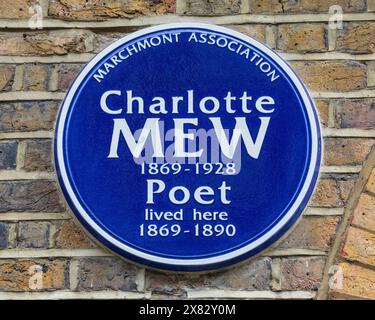 Londra, Regno Unito - 5 febbraio 2024: Targa blu su Doughty Street a Londra, Regno Unito, che segna il luogo in cui viveva la poetessa Charlotte Mew. Foto Stock