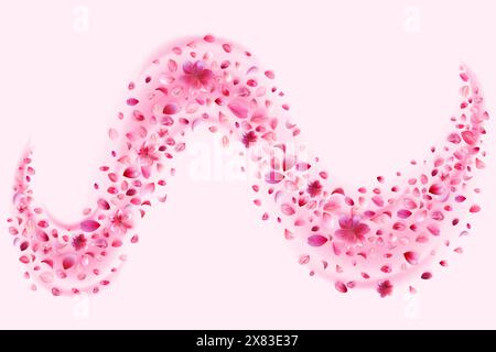 Petali sakura rosa e percorso di fiori. Particelle astratte di ciliegio, rosa o pesca in fiore che volano nel vento magico. Illustrazione Vettoriale
