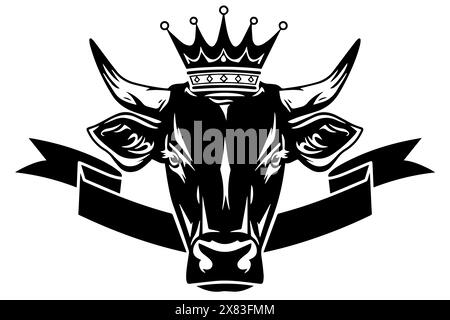 Logo Vintage Cow in Crown Head: Illustrazione vettoriale disegnata a mano di Dairy Majesty. Illustrazione Vettoriale