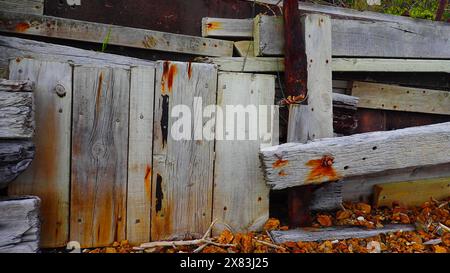 Un mix di tavole di legno forma una parete di mare rotta e ottimistica appena sopra la spiaggia sulla costa di Kapiti in nuova Zelanda Foto Stock