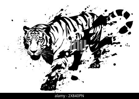 Urban Jungle: Ritratto vettoriale della tigre graffiti in stile audace stencil. Illustrazione Vettoriale