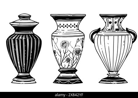 Set di antichi schizzi di inchiostro disegnati a mano per vasi. Illustrazione vettoriale incisa. Illustrazione Vettoriale