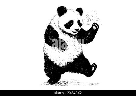 Panda danzante disegnato a mano. Illustrazione vettoriale incisa. Illustrazione Vettoriale