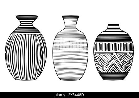 Set di antichi schizzi di inchiostro disegnati a mano per vasi. Illustrazione vettoriale incisa. Illustrazione Vettoriale
