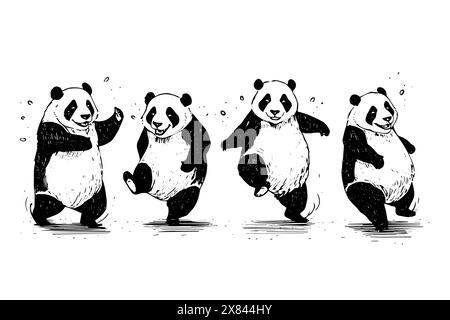 Set di panda danzante disegnato a mano con inchiostro. Illustrazione vettoriale incisa. Illustrazione Vettoriale