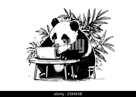 Panda lavora su un computer portatile disegnato a mano con inchiostro. Illustrazione vettoriale. Illustrazione Vettoriale