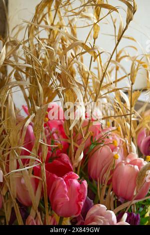Un mucchio di tulipani rosa su un tavolo. Erba secca nel vaso. Foto Stock