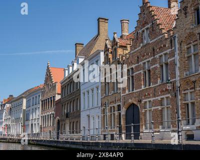 Fila di edifici in stile architettonico belga lungo un canale, vecchie case storiche con torri e ponti sul canale, Bruges, Belgio Foto Stock