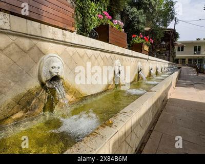 Vista parziale della fontana dei leoni fontana veneziana di Kefalovrisi con 25 gargoyle a forma di testa di leone testa di leone sotto bacino di raccolta per Foto Stock