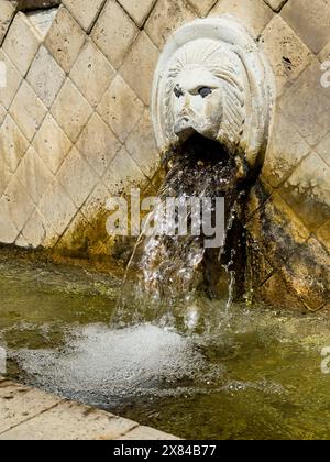 Vista ravvicinata nel dettaglio, grande nell'immagine gargoyle a forma di testa di leone testa di leone sotto bacino di raccolta della fontana veneziana dei leoni Foto Stock
