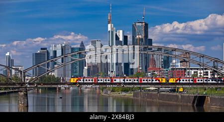 Il fiume meno con ferrovia regionale sul Deutschherrnbruecke e lo skyline di Francoforte sul meno, Assia, Germania Foto Stock