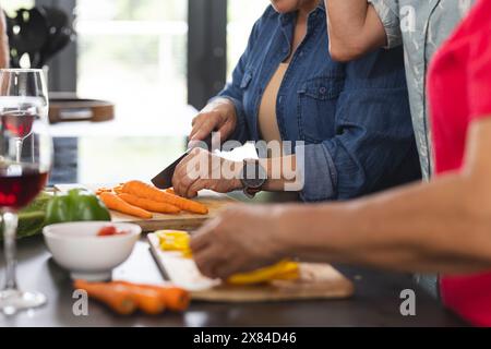 Diverse amiche anziane preparano il cibo insieme a casa, un'unica carota a fette Foto Stock