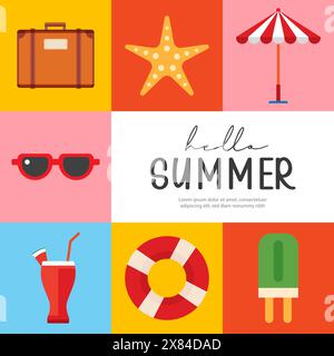 Design di banner e poster per l'estate. Estate con elementi di sfondo oggetti. Illustrazione Vettoriale