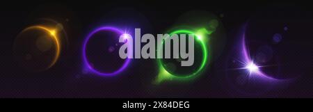 Cerchio di luce al neon astratta e mezzaluna su sfondo scuro trasparente. Set di immagini vettoriali realistiche con anello luminoso luminoso colorato. Bagliore della corona solare. Luna che copre l'effetto sole Illustrazione Vettoriale