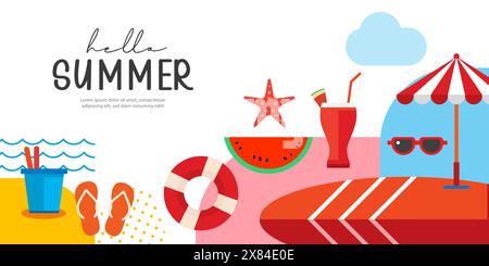 Design di banner e poster per l'estate. Estate con elementi di sfondo oggetti. Illustrazione Vettoriale