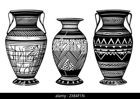 Set di antichi schizzi di inchiostro disegnati a mano per vasi. Illustrazione vettoriale incisa. Illustrazione Vettoriale