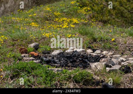 Focolare di pietra estinta abbandonato per falò. Sopravvivenza in natura. Proteggere la foresta dalla propagazione degli incendi. Foto Stock