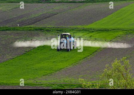 Vista aerea del trattore che spruzza il prodotto in campi verdi con pesticidi. Foto Stock