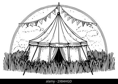 Tenda da da tendone da circo retrò con disegno a inchiostro disegnato a mano con bandiera. Illustrazione vettoriale stile incisione. Illustrazione Vettoriale