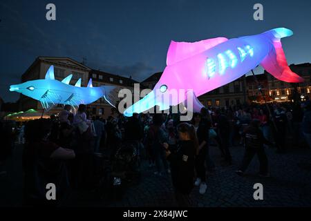 Brno, Repubblica Ceca. 22 maggio 2024. L'installazione teatrale all'aperto intitolata i visitatori (Navstevnici) con burattini luccicanti di animali marini e creature notturne del Teatro V.O.S.A. si è svolta a Brno, Repubblica Ceca, il 22 maggio 2024. L'installazione fa parte del programma del festival Theatre World Brno 2024. Crediti: Vaclav Salek/CTK Photo/Alamy Live News Foto Stock