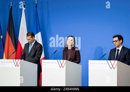 Radoslaw Sikorski, Ministro degli affari esteri della Repubblica di Polonia, Annalena Baerbock (Alleanza 90/Verdi), Ministro federale degli esteri, e Stephane Sejourne, Ministro dell'Europa e degli affari esteri della Repubblica francese, fotografati durante un incontro congiunto con la stampa a Weimar, 22 maggio 2024. Fotografato per conto del Federal Foreign Office. Foto Stock