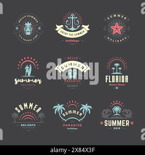 Set di design tipografico rétro con etichette e badge per le vacanze estive. Modelli per biglietti d'auguri, poster e design di abbigliamento. Illustrazione vettoriale. Illustrazione Vettoriale