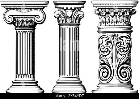 Collezione di colonne antiche: Illustrazioni vettoriali d'epoca di elementi architettonici romani e greci. Illustrazione Vettoriale