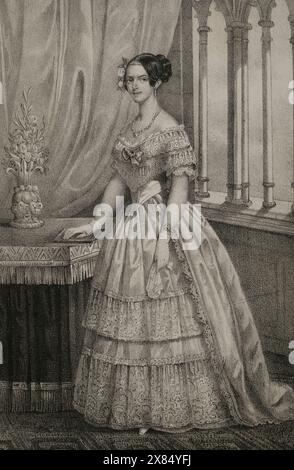 Adelaide d'Austria (1822-1855). Arciduchessa austriaca. Regina consorte di Sardegna (1849-1855) dal suo matrimonio con re Vittorio Emanuele II (1820-1878). Verticale. Disegno di C. Legrand. Litografia di J. Donón. "Reyes Contemporáneos" (Re contemporanei). Volume III. Pubblicato a Madrid, 1854. Foto Stock