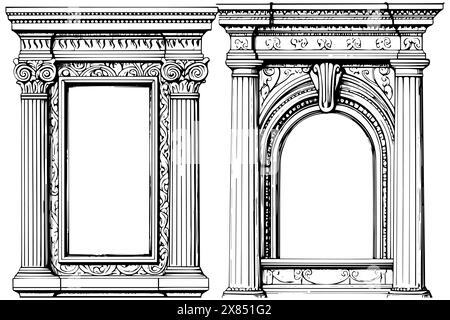 Cornici architettoniche vintage: Disegni ad arco barocco e gotico in schizzi vettoriali dettagliati. Illustrazione Vettoriale