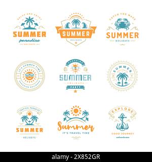 Set di design tipografico rétro con etichette e badge per le vacanze estive. Modelli per biglietti d'auguri, poster e design di abbigliamento. Illustrazione vettoriale. Illustrazione Vettoriale