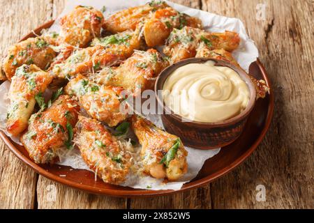 Ali di pollo al parmigiano all'aglio servite con maionese da vicino in una ciotola sul tavolo. Orizzontale Foto Stock